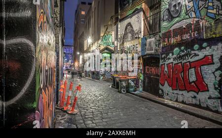 Melbourne, Blick auf die Stadt, nachts, Graffiti, Provinz Victoria, Australien Stockfoto