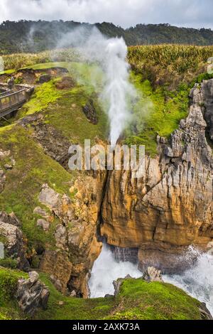 Blowhole in Pancake Rocks Area, Dololite Point, Paparoa National Park, in der Nähe des Dorfes Punakaiki, West Coast Region, South Island, Neuseeland Stockfoto