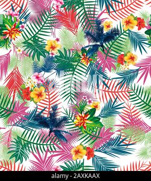 Bunte Palmblätter auf weißem Hintergrund. Nahtloser Blumenhintergrund. - Abbildung Stockfoto