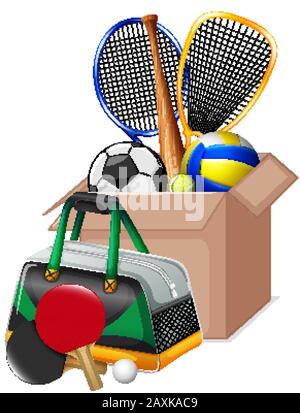 Karton voller Sport Ausrüstungen auf weißem Hintergrund Abbildung Stock Vektor