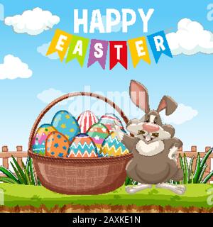 Posterdesign für ostern mit osterhase und Eiern in Gartenillustration Stock Vektor