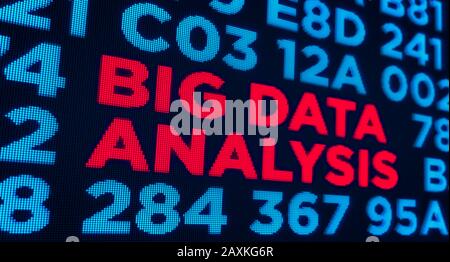 Pixelanzeige für Big-Data-Analysen mit Stichwörtern auf digitalem Hintergrund. Innovationskonzept, künstliche Intelligenz und Social Scoring 3d illust Stockfoto