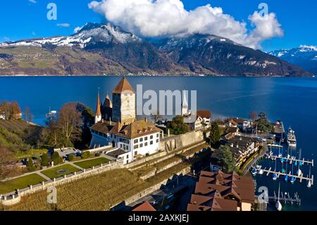 Schloss Spiez auf einer Halbinsel am Thunersee, Thunersee, Spiez, Kanton Bern, Schweiz Stockfoto