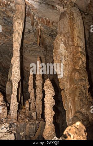 Stalagmites, Stalaktiten und Stalagnaten, Tropfsteinsäulen in der King Chamber of the Wind Cave, Gunung Mulu Nationalpark, Sarawak, Borneo, Malaysia Stockfoto