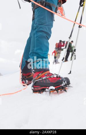 Kletterer auf dem Weg zum Bishorn-Gipfel, der während eines blizzards und heftigem Nebel über den Gletscher aufging Stockfoto