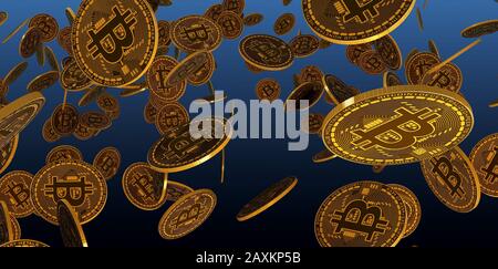 Viele gold bitcoins Festlegung auf eine reflektierende Oberfläche, 3D-Rendering Stockfoto