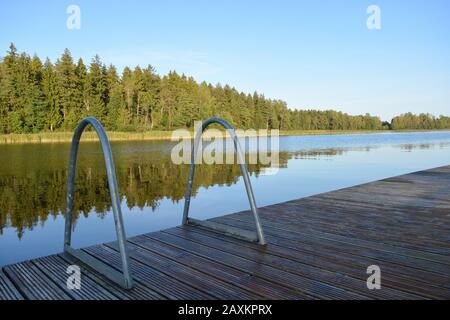 Stahlleitern und Holzplattform für einen erfrischenden Sprung oder ein entspannendes Bad. Der unbelastete Wald im Hintergrund reflektiert sich im Wasser. Sommer Stockfoto