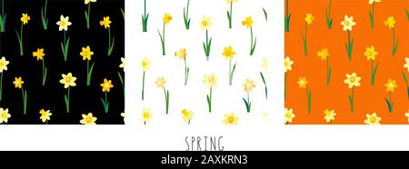 Vektor-Set von floralen nahtlose Muster mit gelben Narzissen isoliert auf weißem schwarzen und orangefarbenen Hintergrund. Endlose Textur. Leuchtender Stoffdruck für Stock Vektor