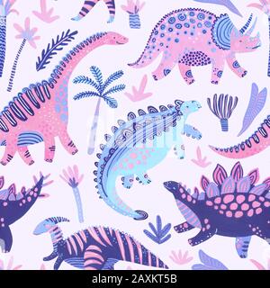 Cute cartoon Dinosaurier nahtlose Muster im skandinavischen Stil. Hand gemalte Aquarell dino Charakter, Tropical Florals Hintergrund. Baumschule Kunst illust Stockfoto
