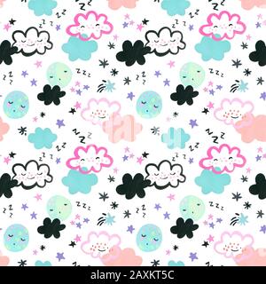 Gesund schlafen Monde, Wolken, Sterne Hintergrund. Aquarell Zeichnung von Cartoon träumen Mond, Cloud, Stern in Pastellfarben. Baumschule Kunst nahtlose patter Stockfoto