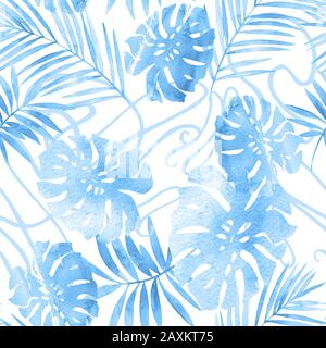 Pastellfarbene tropische Blumenmuster, Vintage-Schmuck nahtloses Muster. Aquarell botanische Illustration: Tropical hinterlässt Silhouetten auf Tracery-Backgrou Stockfoto