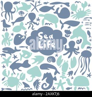 Meeresleben, Ozeanreise, Unterwasserwelt, Bootstour auf der Sommerseite, Meeresfrüchte, primitive Designelemente des Pier Cartoon. Von Hand gezeichnete flache Abbildung Stock Vektor