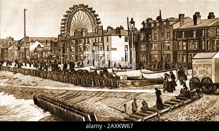 Ein alter Druck, der das Great Wheel alias Big Wheel und die Promenade in Blackpool, England zeigt. Das Rad wurde im Jahr 1896 eröffnet, nachdem es von Frau Pearson, der Frau von James Pearson, dem Vorsitzenden der Winter Gardens Company, offiziell eröffnet wurde. Es konnte tausend Passagiere in 30 Salonwagen befördern Stockfoto