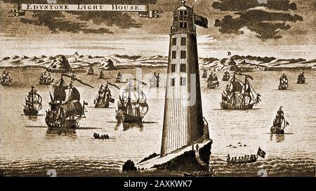 Eddystone Holz-Leuchtturm c1750 - John Rudyard (oder Rudyerd) 1650-c1718 - entwarf diesen Leuchtturm als konische Holzkonstruktion um einen Kern aus Backstein und Beton für Kapitän John Lovett, der die Miete des Felsens erwarb. Und durfte vorbeifahrenden Schiffen eine Maut von einem Cent pro Tonne berechnen. In der Nacht vom 2. Dezember 1755 brannte es nieder, als eine Laterne Feuer fing. Die drei Pfleger wurden gerettet, aber einer von ihnen Henry Hall, im Alter von 94 Jahren, starb einige Tage später an der Aufnahme von geschmolzenem Blei vom Dach. Das Stück Blei wurde aus seinem Körper entfernt und befindet sich in den National Museums of Scotland. Stockfoto
