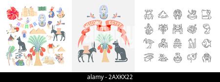 Ägyptische Symbole in verschiedenen Stilistiken, Handzeichnung Symbol ägypten Reise Stock Vektor