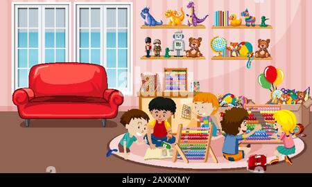 Szene mit vielen Kindern, die in der Zimmerillustration spielen Stock Vektor