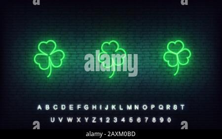 Clover Neon Saint Patrick Day Ikonen. Satz grüner irischer Kleeblattsymbole für den St. Patrick's Day Stock Vektor