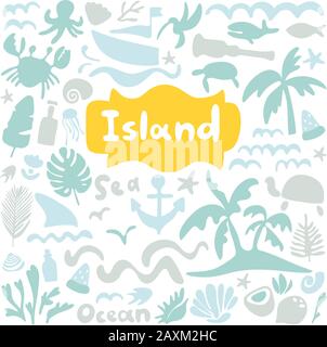 Inselbestand Vektor gesetzt. Meeresleben, Ozeanreise, Unterwasserwelt, Bootstour im Sommer, Cartoon-Design-Elemente des Piers. Flache Abbildung von Doodle. Ruhe Stock Vektor