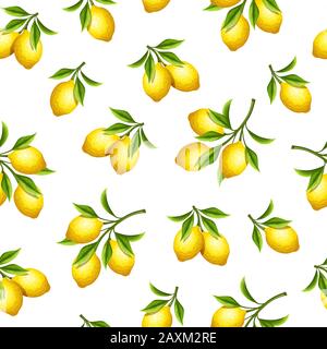 Vektor nahtloses Muster mit gelben Zitronenfrüchten auf weißem Hintergrund. Stock Vektor