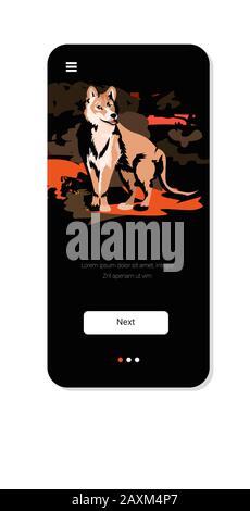 Wolf läuft von Waldbränden in australien Tiere sterben im Wildfeuer Buschfeuer brennende Bäume Naturkatastrophen Konzept intensiv Orange Flammen Smartpone Bildschirm mobile App vertikale Vektorgrafiken Stock Vektor