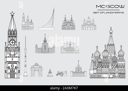 Satz von Vektorlinien, Kunstdarstellung von Wahrzeichen Moskaus, Russlands. Moskauer monochrome Vektorgrafiken isoliert auf grauem Hintergrund. Moskau vec Stock Vektor