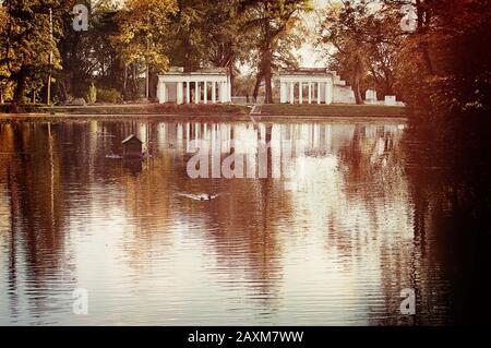 Enten schwimmen im See, am Ufer des Abendfilters der weißen Ruinen Stockfoto