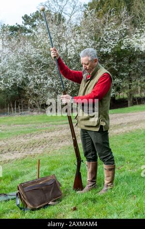 Ein Mann, der eine antike Schnauze aus schwarzem Pulver beladen hat, lädt Schrotflinte bei einem Spielschießen Stockfoto