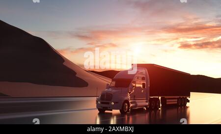 Auflieger. Lkw auf der Straße und Autobahn. Transporte, Logistik Konzept. 3D-Rendering. Stockfoto