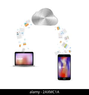Dateiübertragung zwischen Smartphone und Desktop über Cloud-Service, Technologie-Illustration isoliert auf weiß Stock Vektor