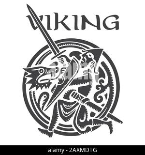 Viking Design. Wikinger-Krieger kämpft gegen Drache. Antike skandinavische Illustration Stock Vektor