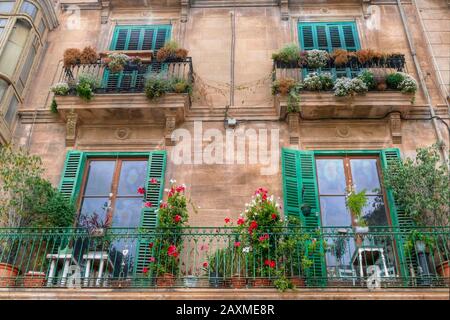 Fassade an der Placa del Banc de l'Oli, Palma de Mallorca, Mallorca, Balearen, Spanien Stockfoto