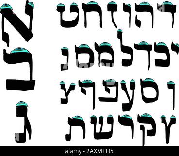 Hebräische Schrift schwarze Kalligraphie. Hebräische Buchstaben in kipa. Alphabet Holiday Passover, Purim. Vektordarstellung auf isoliertem Hintergrund. Stock Vektor