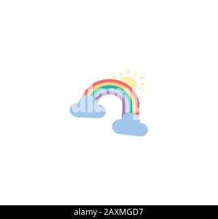 Flacher Cartoon-Wetter-Illustrationsvektor. Wettersymbol für die mobile App auf dem Smartphone. Vektorsymbol für Wettervorhersage - bewölkt und Regenbogen mit der Sonne Stock Vektor