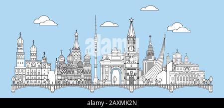 Panorama-Vektor-Linien-Kunst-Illustration von Wahrzeichen Moskaus, Russlands. Skyline der Stadt Moskau Vektorgrafiken in weißer Farbe isoliert auf blauem Hintergrund Stock Vektor