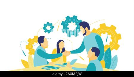 Abbildung flacher Vektorgrafiken. Der männliche Teamleiter schüttelt bei Besprechungen im Büro die Hände mit neuen Teammitgliedern, schüttelt die Hände mit Partnern, Stock Vektor