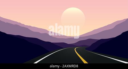 Asphalt Highway Sonnenuntergang in den Bergen Reise Landschaft Vektor Illustration EPS10 Stock Vektor