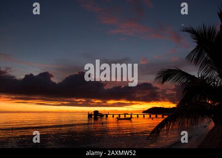 Silhouette einer Palme neben dem Meer bei einem bunten Sonnenuntergang Stockfoto