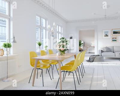 3D-Illustration: Modernes Wohnzimmer in einem hellen neuen Apartment Stockfoto