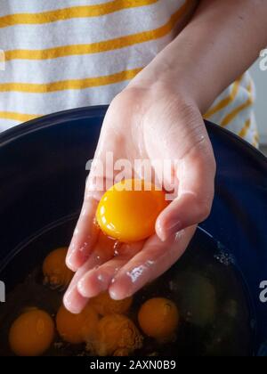 Eine junge Frau, die ein gelb-weiß gestreiftes Hemdbecher trägt, ein Eigelb in der Hand, bevor sie sie in die Mischschale geben, um sie zu mischen und zu kochen oder zu backen. Stockfoto