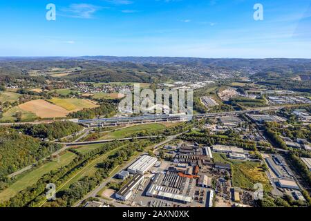 Luftbild, Baustelle Neubau Lennetal-Brücke, A45, am Kahlenberg, Lenne, Hagen, Ruhrgebiet, Nordrhein-Westfalen, Deutschland, Euro Stockfoto