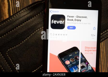 Los Angeles, Kalifornien, USA - 12. Februar 2020: Fever App Store Seite nah oben, Illustrative Editorial Stockfoto
