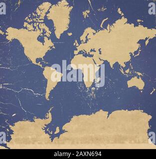 Planisphere der Welt ultra definiert mit Antarktis, Papiereffekt und Peeling-Putz. Stockfoto