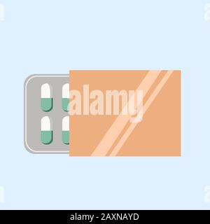 Eine Packung Tabletten in Kapseln in flacher Form isoliert auf blauem Hintergrund. Medikamentenverpackungen. Vektor-Vorzeichen-Bestandsabbildung. Traditionelle Medizin. Natürlich Stock Vektor