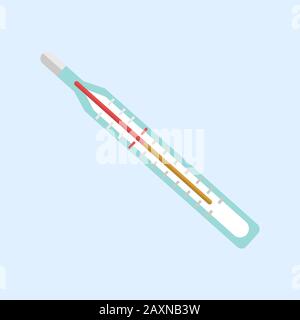 Medizinisches Thermometer in flacher Ausführung isoliert auf blauem Hintergrund.Vektordarstellung.Temperatur,Pneumonie,Krankheit,Fieber,Grippe,Viruserkrankung.Schilder Silhouett Stock Vektor