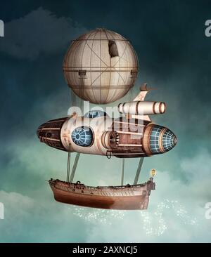 Steampunk-Fantasy-Schiff, das in einem stürmischen Himmel fliegt Stockfoto