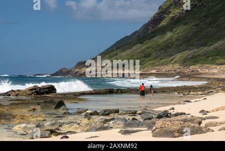 Waianae, HI - 27. Januar 2020: Einheimische im Rockpool am Ka'ena Point entlang der Westküste von Oahu, Hawaii Stockfoto