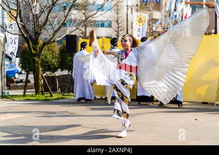 Die japanische Yosakoi-Tänzerin tanzt im Freien auf dem Kyusyu Gassai Festival in Kumamoto. Halten und wirbeln weiße Seide, die am Kragen befestigt ist. Stockfoto