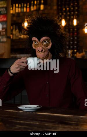 Mann mit Affenmaske im Café, Halbporträt Stockfoto