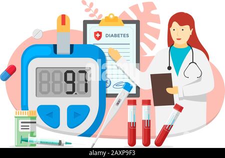 Arzt weiblich mit Glucometer zur Messung des Zuckerspiegels und Diabetes medizinische Diagnose blank Form. Diabetisches Blutzuckermessgerät mit Pillen und Reagenzgläsern. Abbildung: Laborgeräte und Spritze Stock Vektor