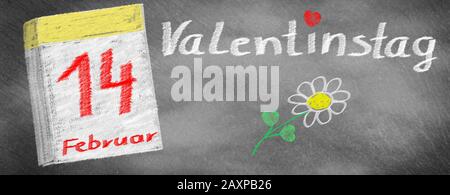 Kalender 14. Februar mit Blume zum Valentinstag auf einer Schul-Tafel Stockfoto